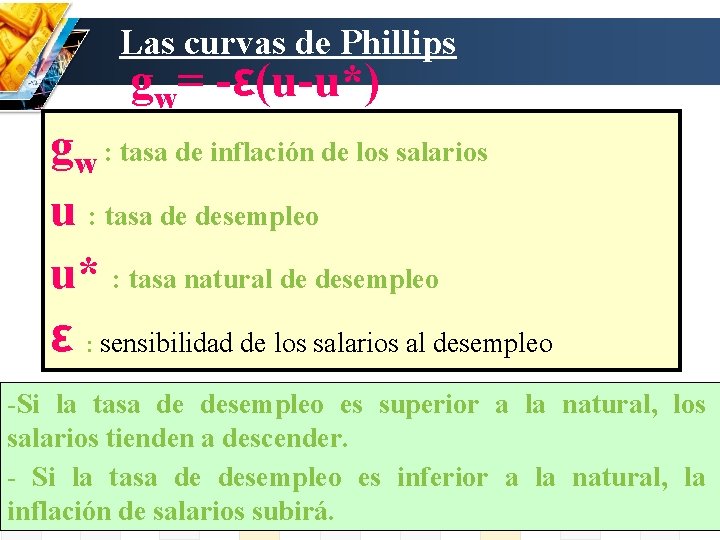 Las curvas de Phillips gw= -ε(u-u*) gw : tasa de inflación de los salarios