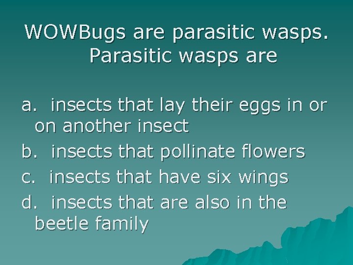 WOWBugs are parasitic wasps. Parasitic wasps are a. insects that lay their eggs in