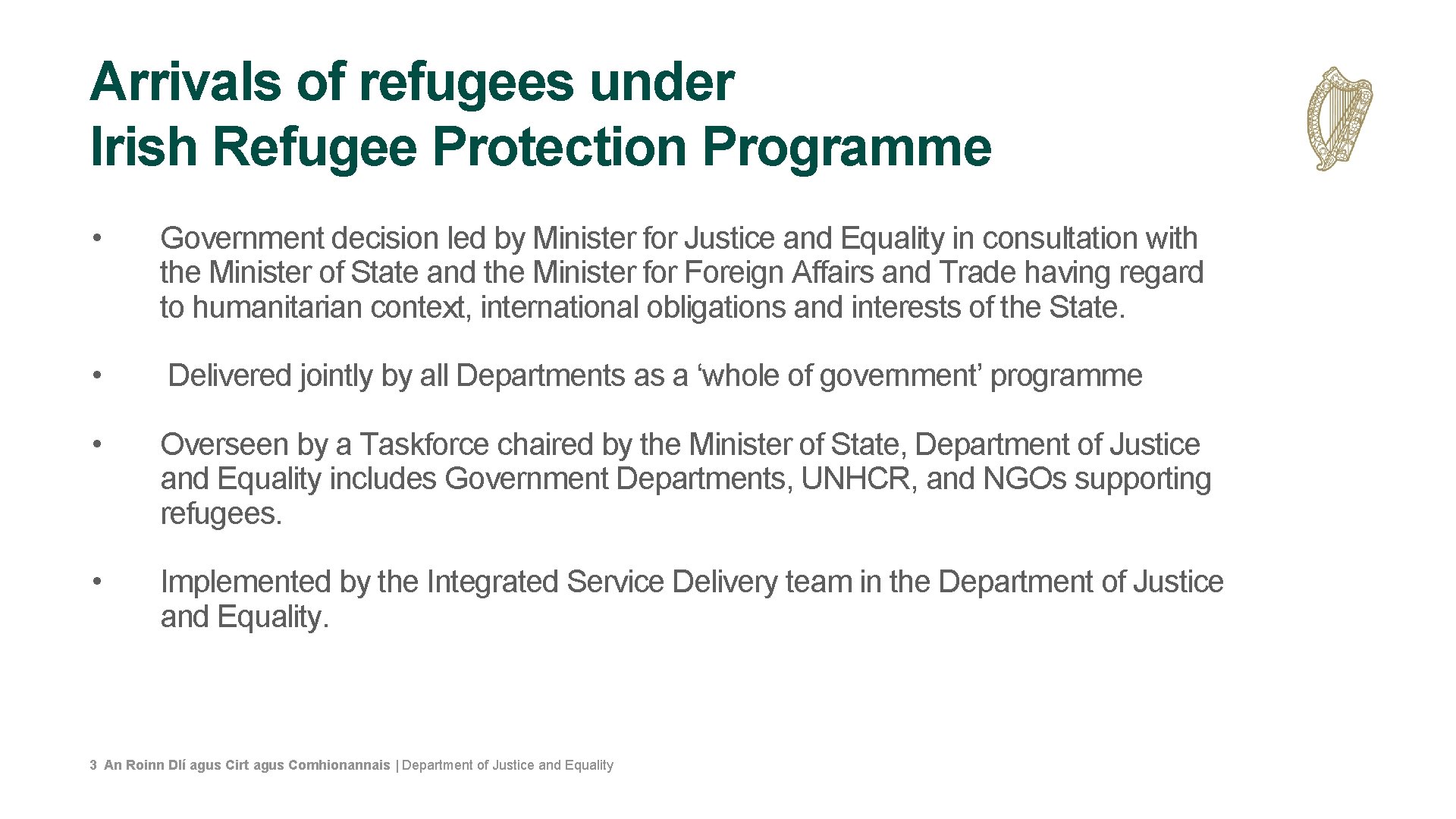 Arrivals of refugees under Irish Refugee Protection Programme • Government decision led by Minister
