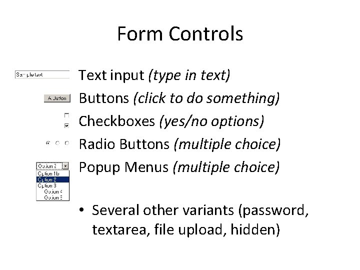 Form Controls Text input (type in text) Buttons (click to do something) Checkboxes (yes/no