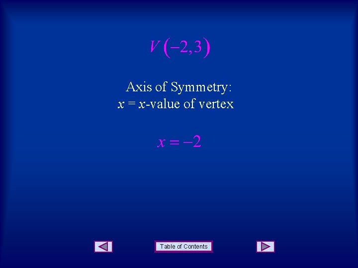 Axis of Symmetry: x = x-value of vertex Table of Contents 