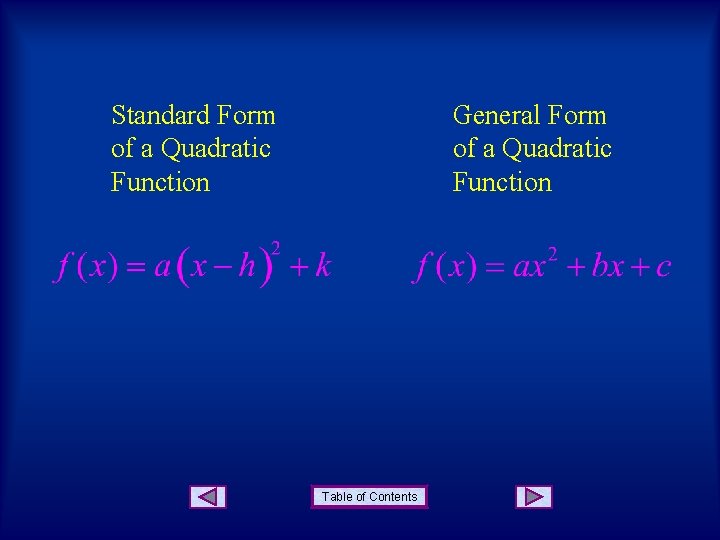 Standard Form of a Quadratic Function General Form of a Quadratic Function Table of