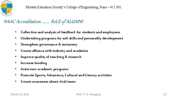 Modern Education Society’s College of Engineering, Pune – 411 001 NAAC Accreditation ……… Ro.