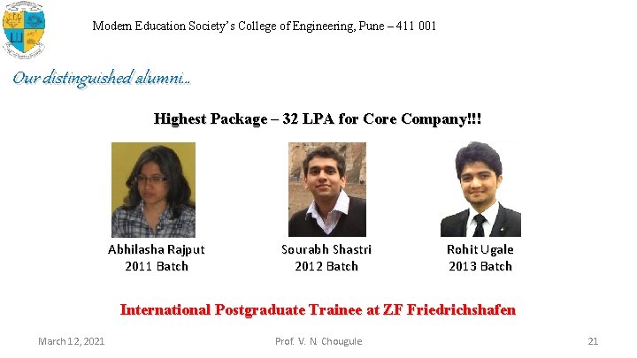 Modern Education Society’s College of Engineering, Pune – 411 001 Our distinguished alumni… Highest