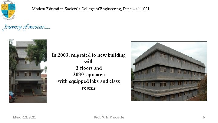Modern Education Society’s College of Engineering, Pune – 411 001 Journey of mescoe…… In