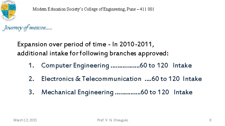 Modern Education Society’s College of Engineering, Pune – 411 001 Journey of mescoe…… Expansion