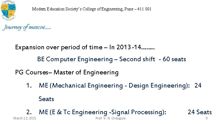 Modern Education Society’s College of Engineering, Pune – 411 001 Journey of mescoe…… Expansion