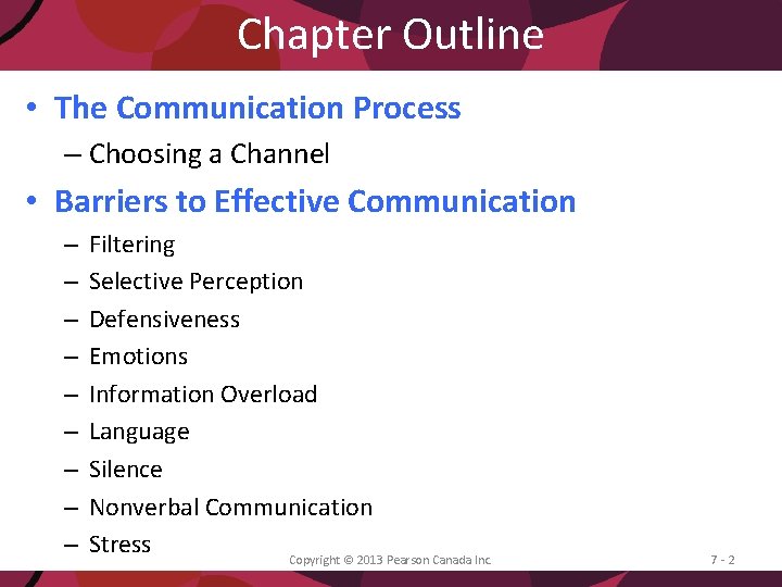 Chapter Outline • The Communication Process – Choosing a Channel • Barriers to Effective