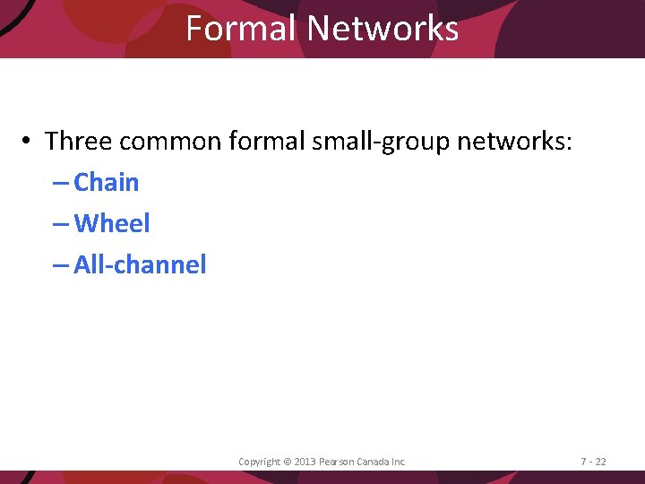 Formal Networks • Three common formal small-group networks: – Chain – Wheel – All-channel