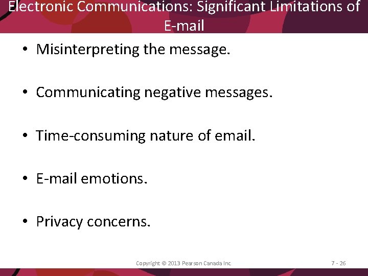 Electronic Communications: Significant Limitations of E-mail • Misinterpreting the message. • Communicating negative messages.