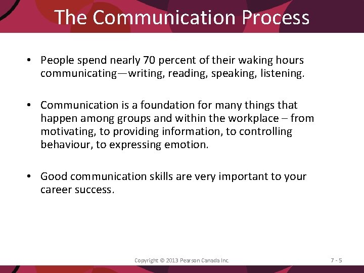 The Communication Process • People spend nearly 70 percent of their waking hours communicating—writing,