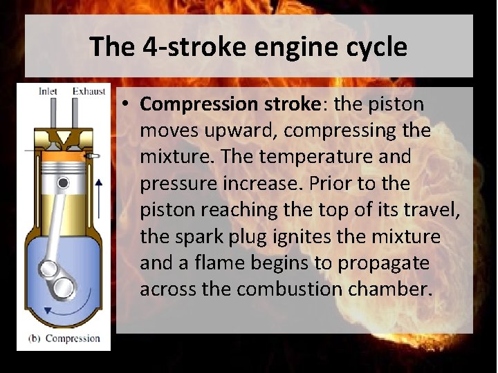 The 4 -stroke engine cycle • Compression stroke: the piston moves upward, compressing the