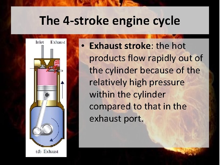 The 4 -stroke engine cycle • Exhaust stroke: the hot products flow rapidly out