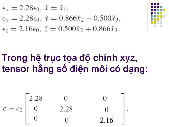 Trong hệ trục tọa độ chính xyz, tensor hằng số điện môi có dạng: Trong hệ trục tọa độ chính xyz, tensor hằng số điện môi có dạng: