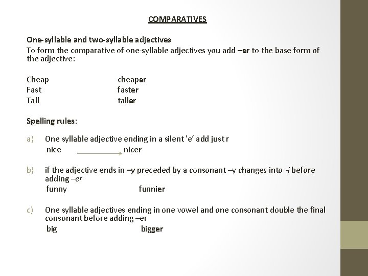 COMPARATIVES One-syllable and two-syllable adjectives To form the comparative of one-syllable adjectives you add