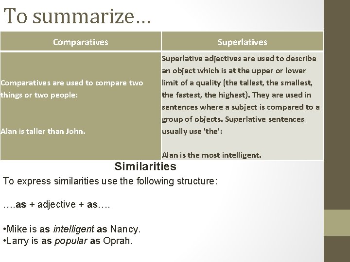To summarize… Comparatives Superlatives Comparatives are used to compare two things or two people: