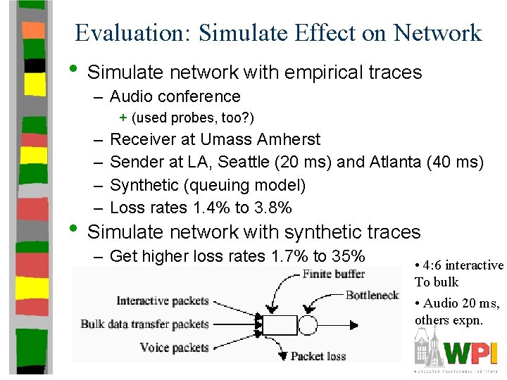 Evaluation: Simulate Effect on Network • Simulate network with empirical traces – Audio conference Evaluation: Simulate Effect on Network • Simulate network with empirical traces – Audio conference