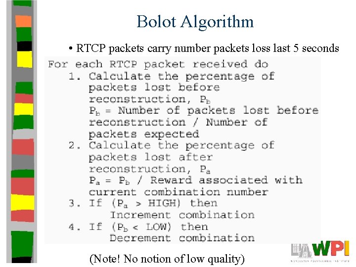 Bolot Algorithm • RTCP packets carry number packets loss last 5 seconds (Note! No Bolot Algorithm • RTCP packets carry number packets loss last 5 seconds (Note! No