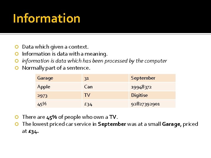 Information Data which given a context. Information is data with a meaning. information is