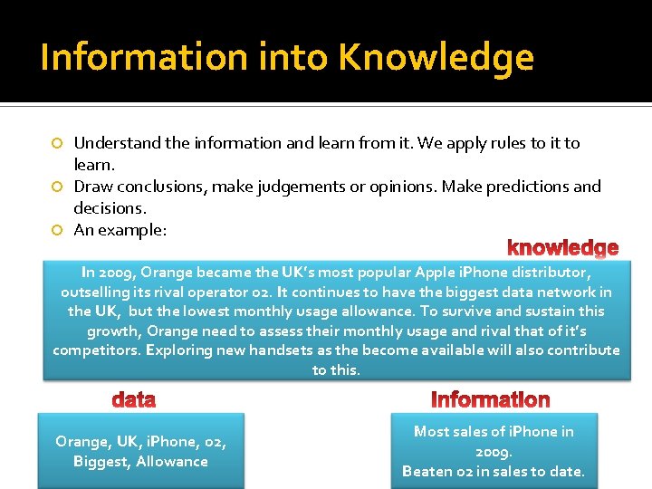 Information into Knowledge Understand the information and learn from it. We apply rules to
