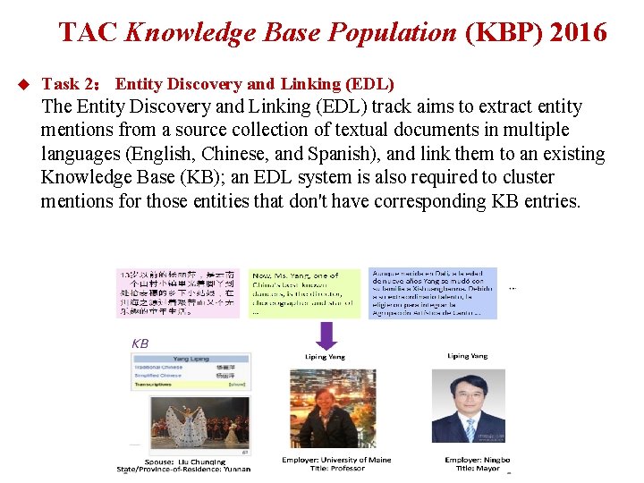  TAC Knowledge Base Population (KBP) 2016 u Task 2： Entity Discovery and Linking