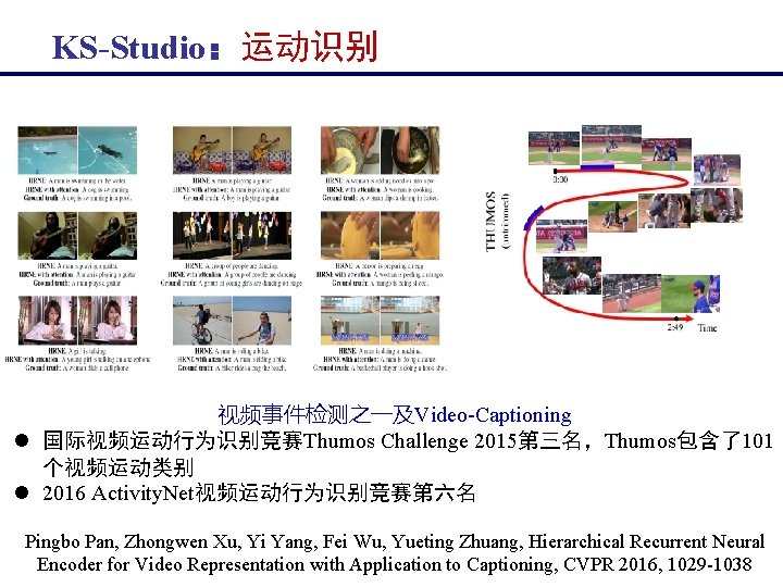  KS-Studio：运动识别 视频事件检测之一及Video-Captioning l 国际视频运动行为识别竞赛Thumos Challenge 2015第三名，Thumos包含了101 个视频运动类别 l 2016 Activity. Net视频运动行为识别竞赛第六名 Pingbo Pan,
