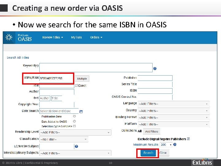 Creating a new order via OASIS • Now we search for the same ISBN