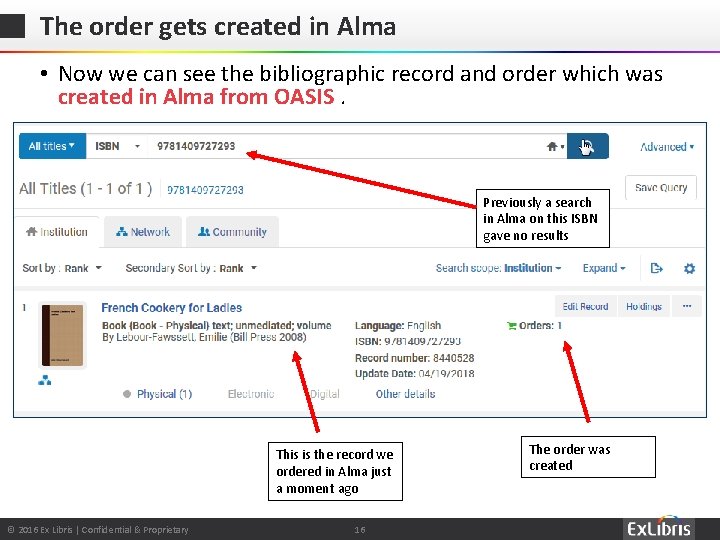 The order gets created in Alma • Now we can see the bibliographic record
