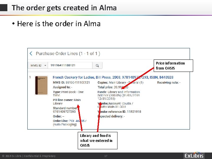 The order gets created in Alma • Here is the order in Alma Price