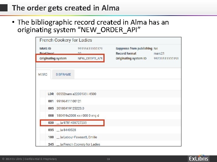 The order gets created in Alma • The bibliographic record created in Alma has
