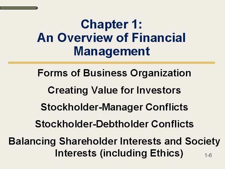 Chapter 1: An Overview of Financial Management Forms of Business Organization Creating Value for
