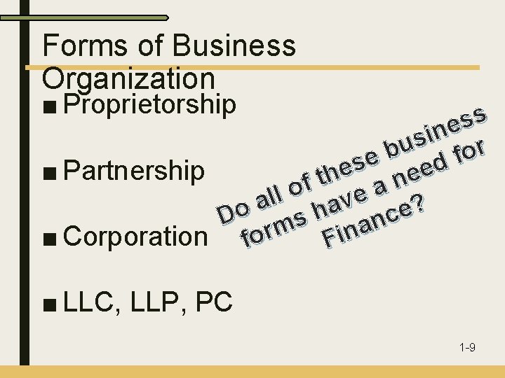 Forms of Business Organization ■ Proprietorship s s e n i s u r