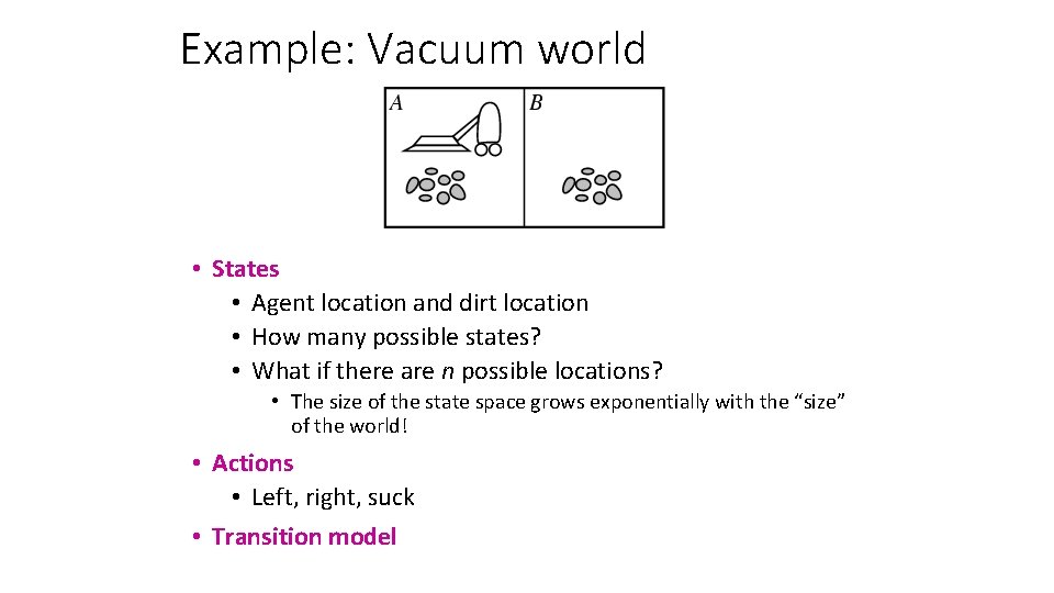 Example: Vacuum world • States • Agent location and dirt location • How many