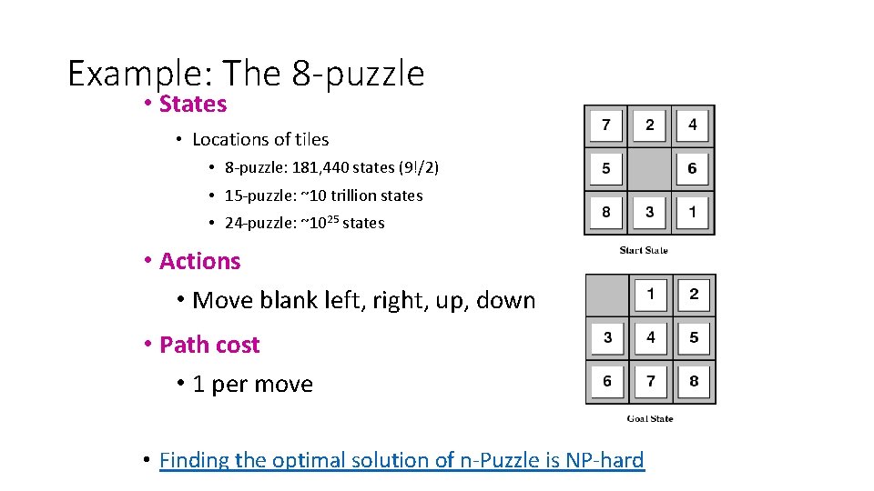 Example: The 8 -puzzle • States • Locations of tiles • 8 -puzzle: 181,