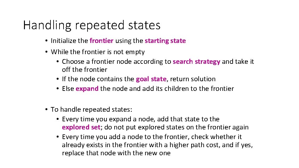 Handling repeated states • Initialize the frontier using the starting state • While the