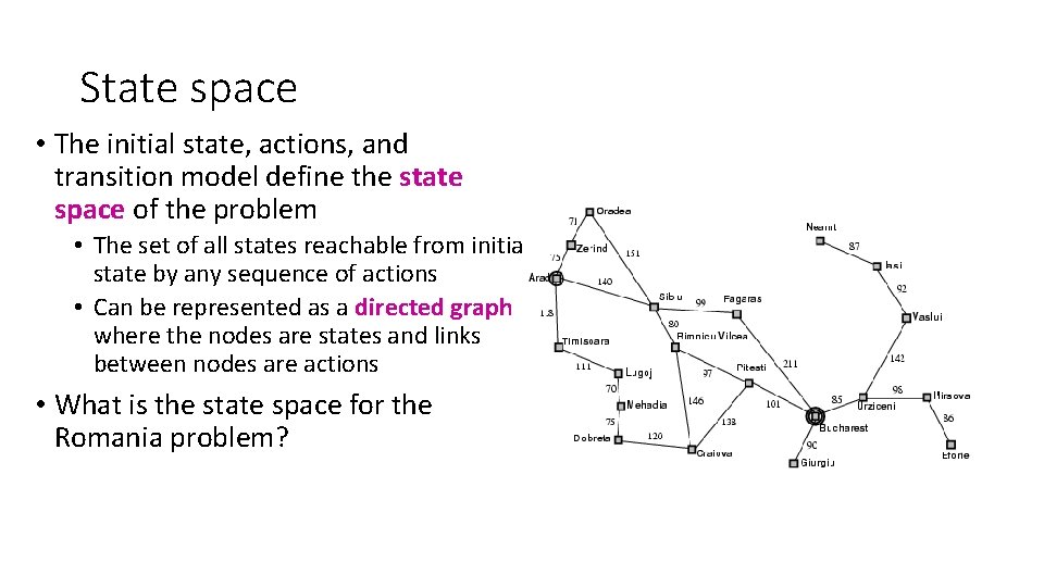 State space • The initial state, actions, and transition model define the state space
