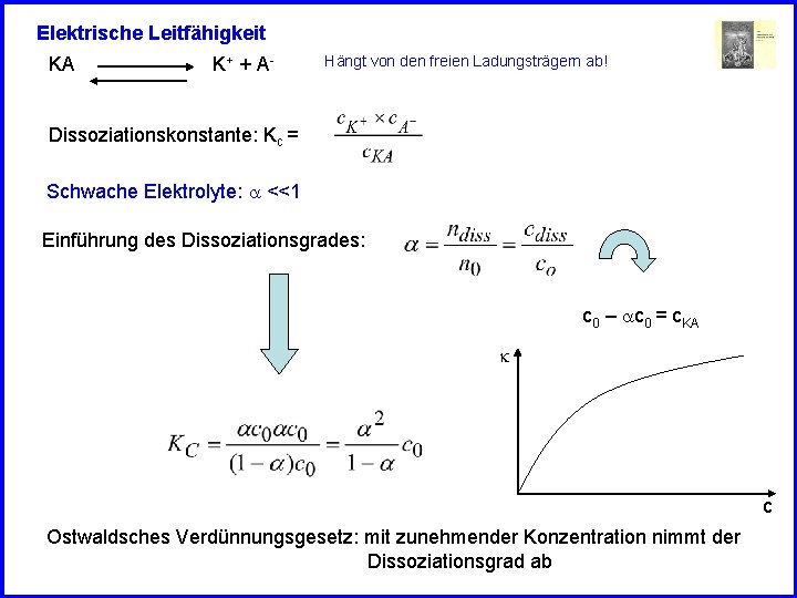 Elektrische Leitfähigkeit KA K+ + A - Hängt von den freien Ladungsträgern ab! Dissoziationskonstante: