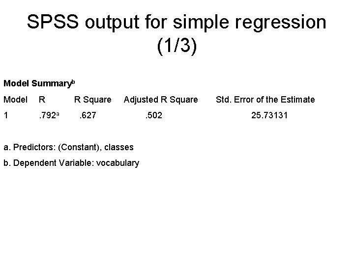 SPSS output for simple regression (1/3) Model Summaryb Model R 1 . 792 a