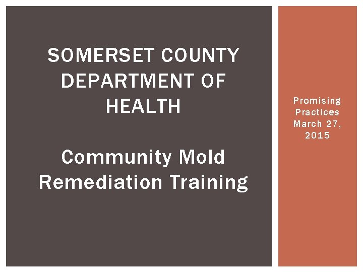 SOMERSET COUNTY DEPARTMENT OF HEALTH Community Mold Remediation Training Promising Practices March 27, 2015 SOMERSET COUNTY DEPARTMENT OF HEALTH Community Mold Remediation Training Promising Practices March 27, 2015
