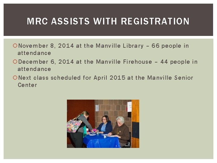 MRC ASSISTS WITH REGISTRATION November 8, 2014 at the Manville Library – 66 people MRC ASSISTS WITH REGISTRATION November 8, 2014 at the Manville Library – 66 people