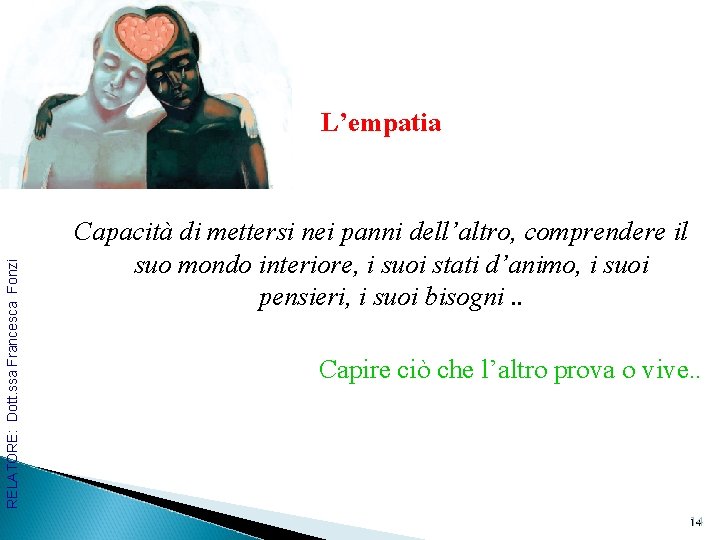 RELATORE: Dott. ssa Francesca Fonzi L’empatia Capacità di mettersi nei panni dell’altro, comprendere il