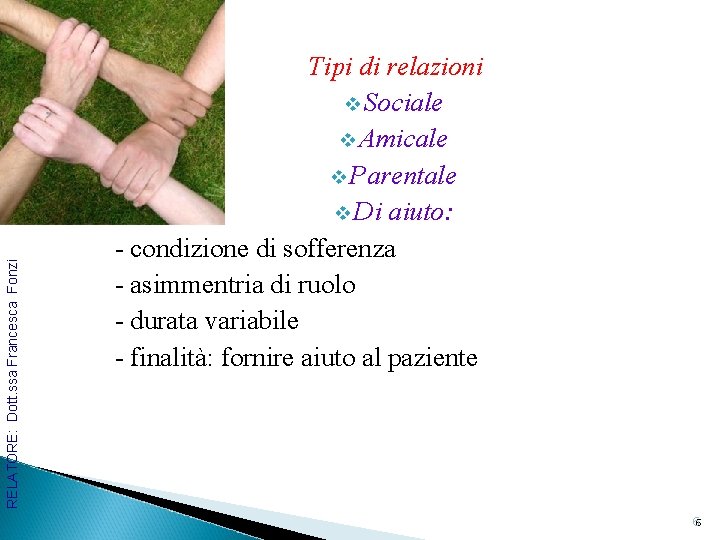 RELATORE: Dott. ssa Francesca Fonzi Tipi di relazioni v Sociale v Amicale v Parentale