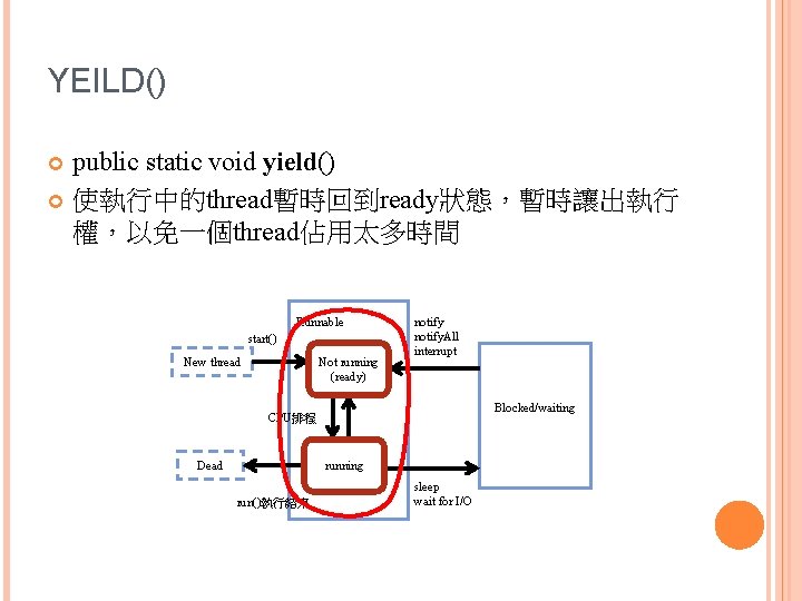 YEILD() public static void yield() 使執行中的thread暫時回到ready狀態，暫時讓出執行 權，以免一個thread佔用太多時間 Runnable start() New thread Not running (ready)