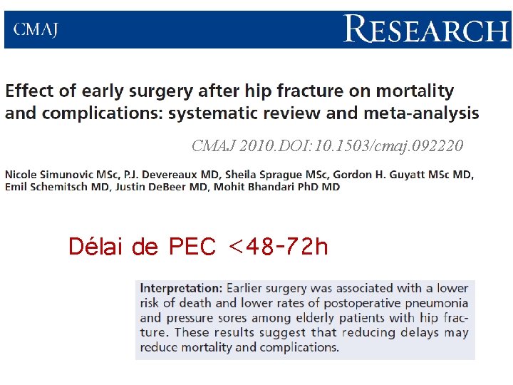 CMAJ 2010. DOI: 10. 1503/cmaj. 092220 Délai de PEC <48 -72 h 