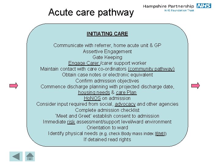 Acute care pathway INITIATING CARE Communicate with referrer, home acute unit & GP Assertive