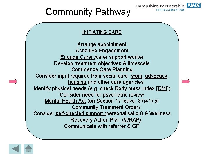 Community Pathway INITIATING CARE Arrange appointment Assertive Engagement Engage Carer /carer support worker Develop