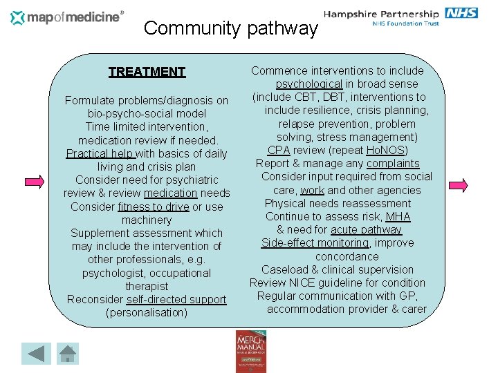 Community pathway TREATMENT Formulate problems/diagnosis on bio-psycho-social model Time limited intervention, medication review if
