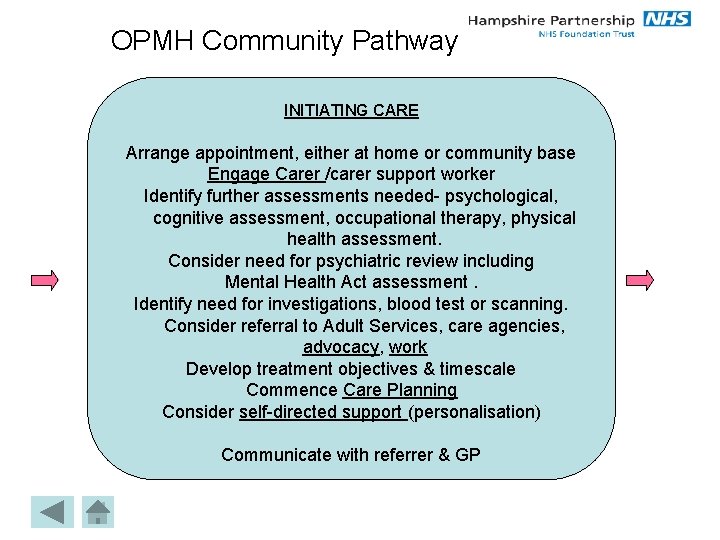 OPMH Community Pathway INITIATING CARE Arrange appointment, either at home or community base Engage