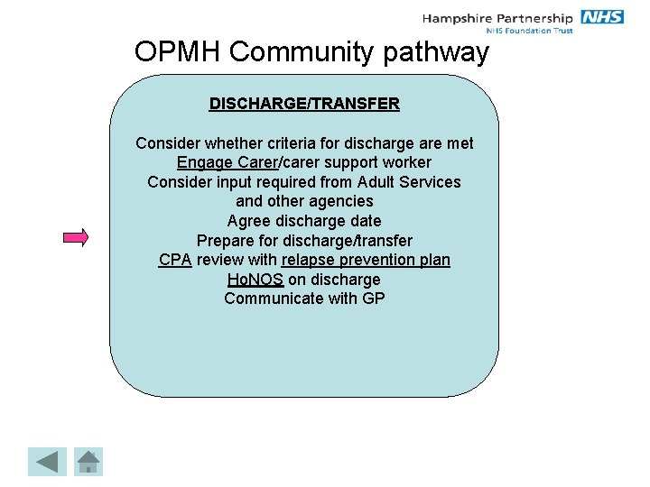 OPMH Community pathway DISCHARGE/TRANSFER Consider whether criteria for discharge are met Engage Carer/carer support