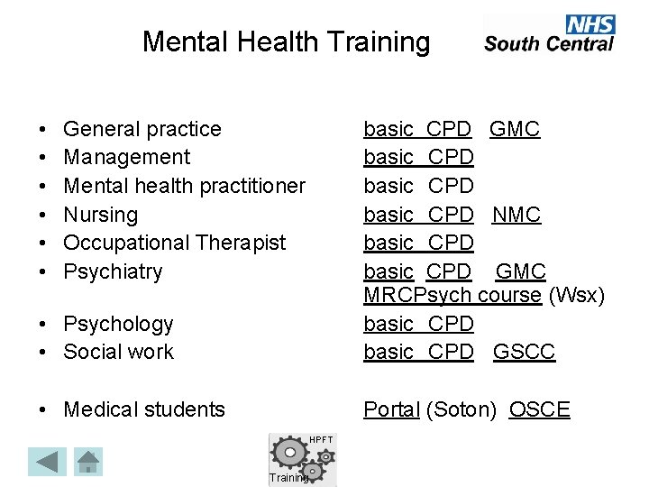 Mental Health Training • • • General practice Management Mental health practitioner Nursing Occupational